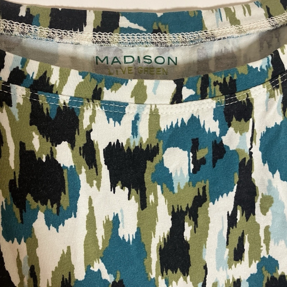 Madison Organics Top Womens Medium Blue Floral Knit Stretch 3/4 Sleeve Casual M - Picture 7 of 13